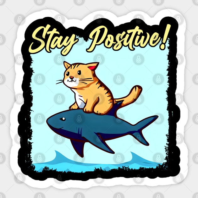 Stay Positive! Funny cat ride a shark Sticker by T-shirt US
